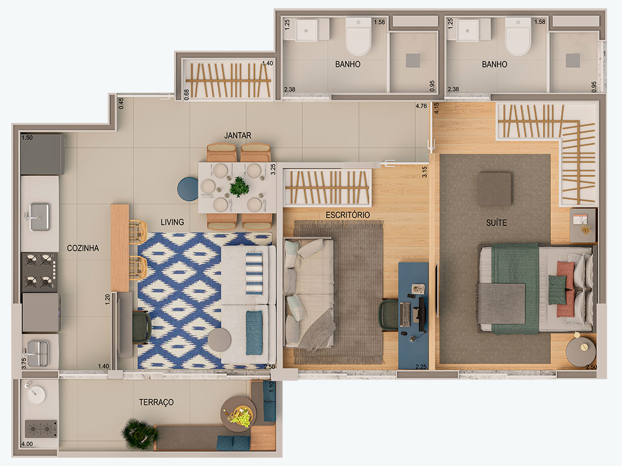 Planta 52m²  - 1 Suíte 1 vaga - Finais 3 e 6
