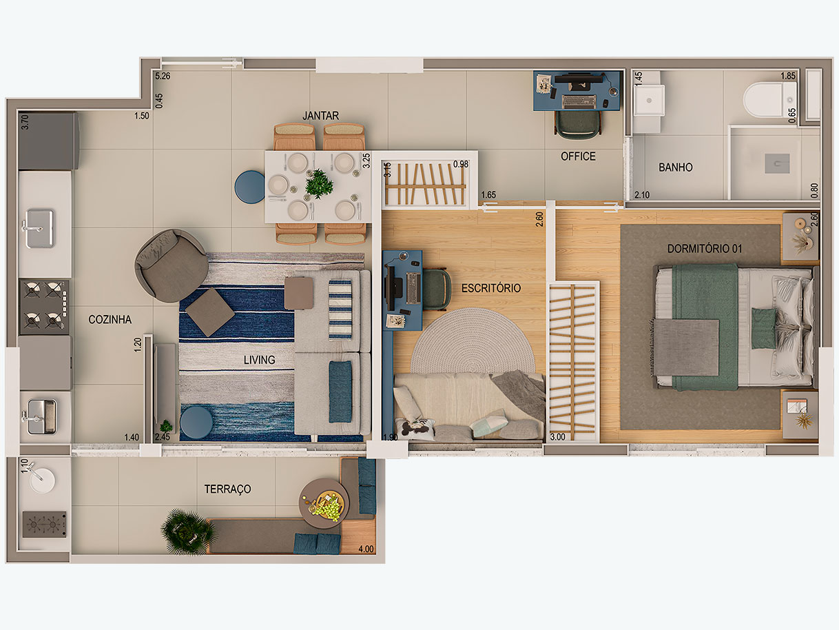 Planta 45m² - 1 Dorm. 1 vaga - Finais 1, 4, 5 e 8