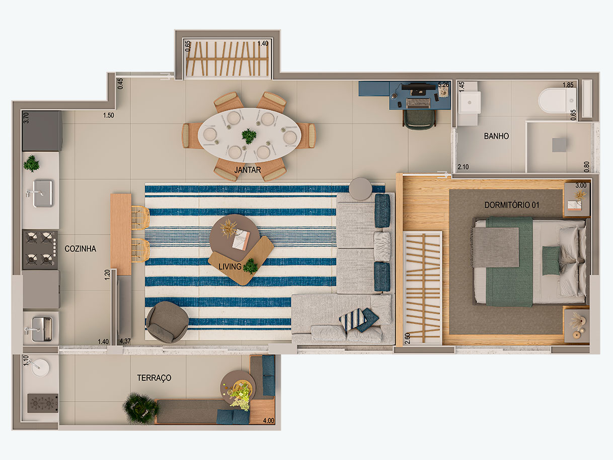 Planta 45m²  com sala ampliada - 1 Dorm. 1 vaga - Finais 2 e 7