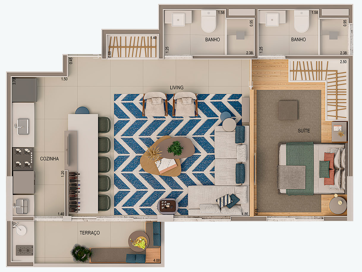 Planta 52m² com sala ampliada  - 1 Suíte 1 vaga - Finais 3 e 6